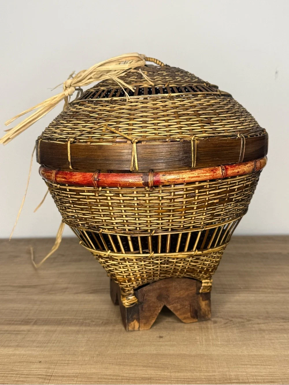 Vintage Balinese Fishing Basket with Red Accent